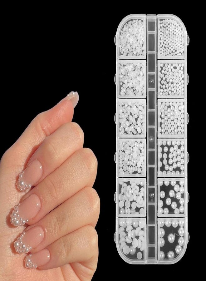Gtziqa 12 Grids Nail Pearls, White Flatback 3D Pearl Charms, Half Round Nail Art Beads Mini Luxurious Pearl Accessories for Manicure, Acrylic Nails, DIY Design, Crafting, Nails Tips Decor (2 Styles, 6 Sizes) - Image 1